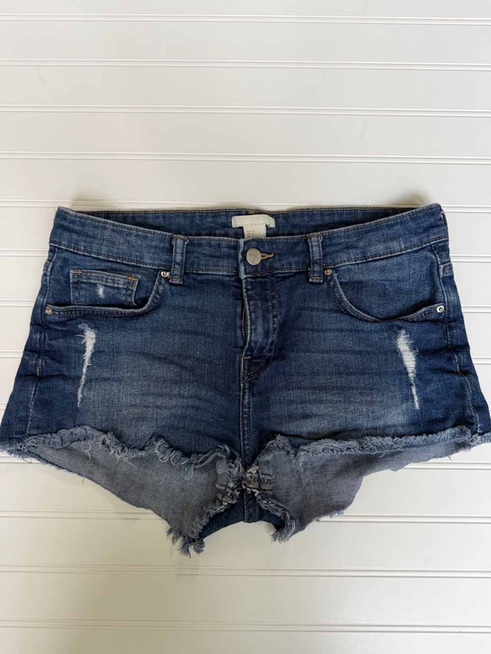(053)H&M Dark Blue Distressed Denim Cutoff Shorts